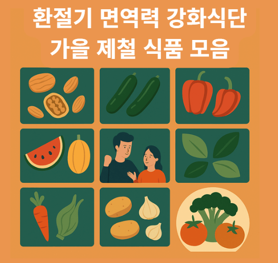 가을 환절기 면역력 강화 식단을 위한 제철 식품 모음 – 사과, 고등어, 버섯, 고구마, 브로콜리, 견과류, 요거트