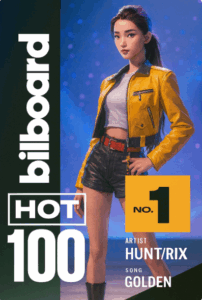 케데헌 헌트릭스 캐릭터의무대 위에 선 모습과 Billboard HOT 100 1위 그래픽이 결합된 공식 포스터 같은 이미지