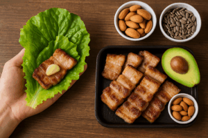 삼겹살을 상추에 싸서 먹는 장면과 함께 아몬드, 아보카도, 해바라기씨가 곁들여져 비타민 E와의 영양 균형을 강조하는 음식 이미지