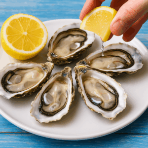 신선한 생굴 위에 레몬즙을 뿌려 아연과 비타민 C의 영양 궁합을 강조하는 음식 이미지
