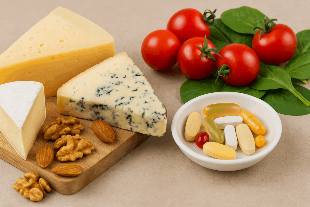 다양한 종류의 치즈와 토마토, 견과류가 함께 놓여 있고 옆에 여러 알약 형태의 영양제가 담긴 접시가 있는 건강한 음식 구성 이미지
