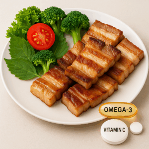 치킨, 삼겹살, 피자 같은 기름진 음식과 함께 마늘, 양파, 브로콜리, 상추 등 채소가 곁들여져 있고, 오메가-3와 비타민 C 영양제가 함께 놓인 건강 관리 음식 구성 이미지