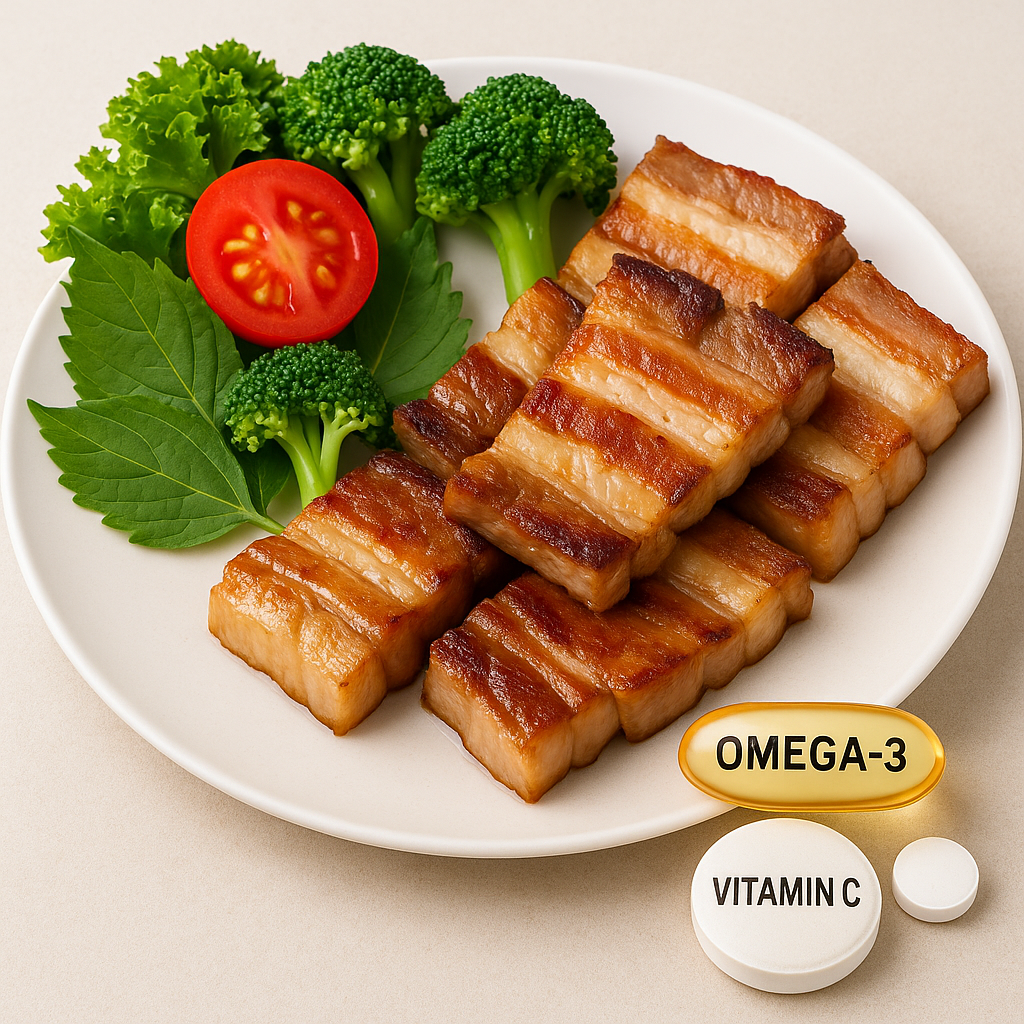 치킨, 삼겹살, 피자 같은 기름진 음식과 함께 마늘, 양파, 브로콜리, 상추 등 채소가 곁들여져 있고, 오메가-3와 비타민 C 영양제가 함께 놓인 건강 관리 음식 구성 이미지