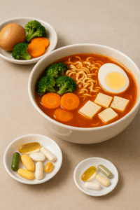 매운 라면 한 그릇과 함께 달걀, 파가 올려져 있고, 옆에는 우유, 오이, 고추, 그리고 영양제가 함께 배치된 이미지