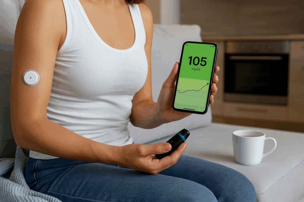 연속혈당측정기(CGM)를 팔에 부착하고 스마트폰 앱으로 혈당 수치를 확인하는 사람의 모습