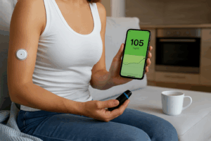 연속혈당측정기(CGM)를 팔에 부착하고 스마트폰 앱으로 혈당 수치를 확인하는 사람의 모습