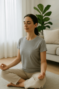 실내 거실에서 가부좌로 앉아 눈을 감고 명상하는 여성, 근감소증 예방을 위한 건강 관리와 생활 습관을 상징하는 모습