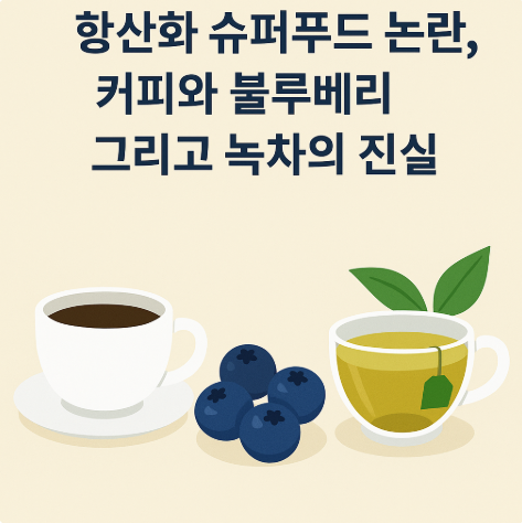 항산화 슈퍼푸드 논란을 주제로 한 인포그래픽, 커피 잔과 녹차 잔, 블루베리가 함께 배치된 이미지