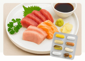 접시에 담긴 연어와 참치 회, 와사비와 간장, 곁들임 채소와 함께 영양제가 놓여 있는 이미지, 회와 영양제 궁합을 상징적으로 표현