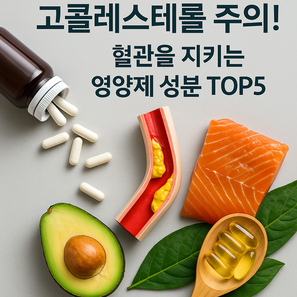 콜레스테롤 관리에 도움 되는 영양제와 음식이 함께 놓인 이미지 — 오메가3 캡슐, 코엔자임Q10 병, 아보카도, 연어, 견과류 등이 혈관 건강을 상징하는 하트 그래픽과 함께 배치됨