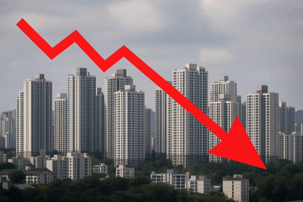 서울 아파트 단지 전경과 주택 가격 하락을 상징하는 그래프
