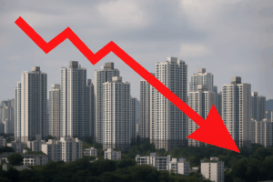 서울 아파트 단지 전경과 주택 가격 하락을 상징하는 그래프